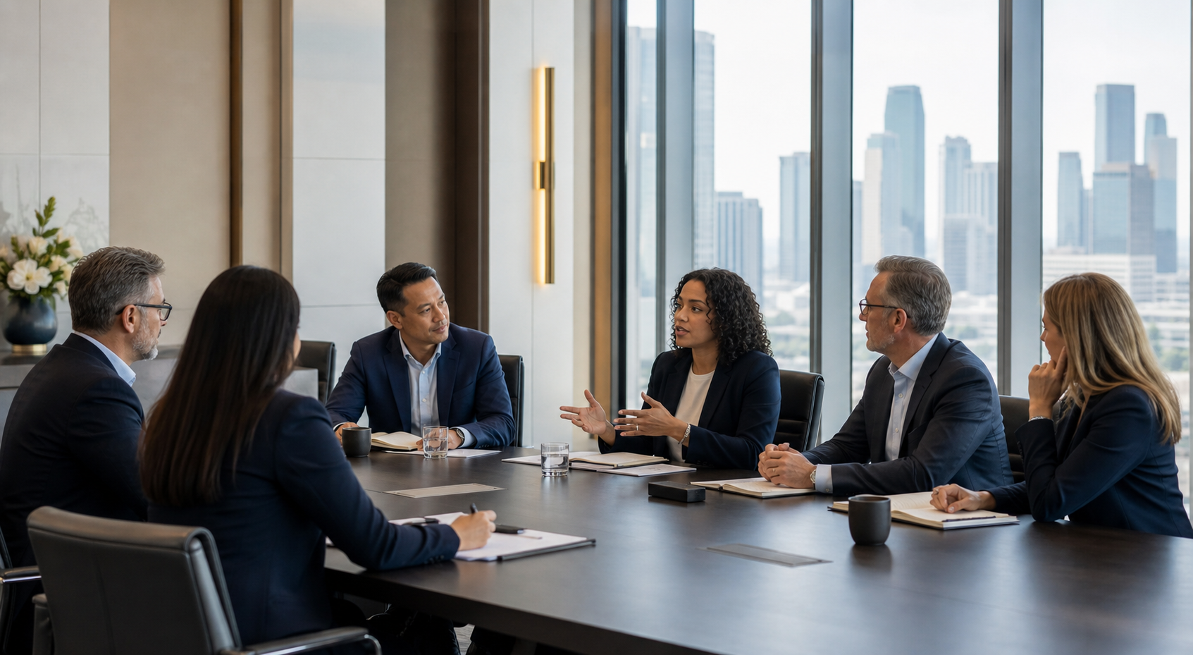 Executives in a focused business discussion around a conference table